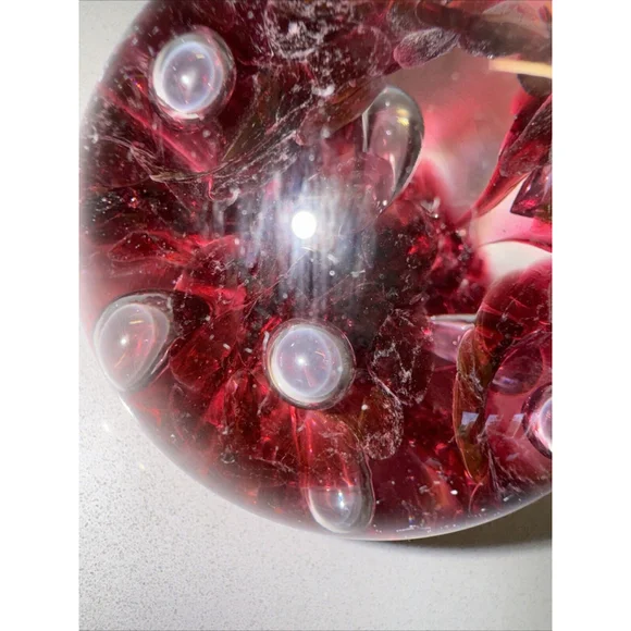 Vintage 2003 Joe Rice Glass Paperweight,Cranberry Pink Trumpet Flowers & Bubbles - Picture 4 of 7